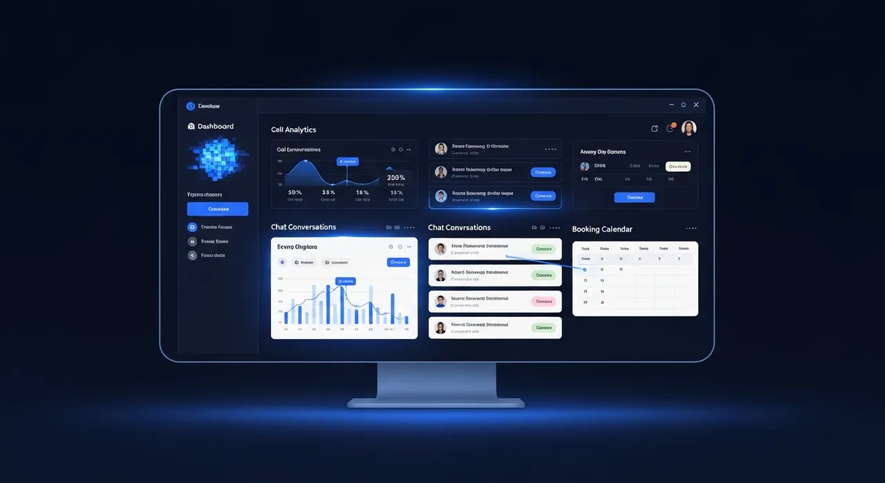 RingWiz AI dashboard showing call analytics, live chat, and booking calendar