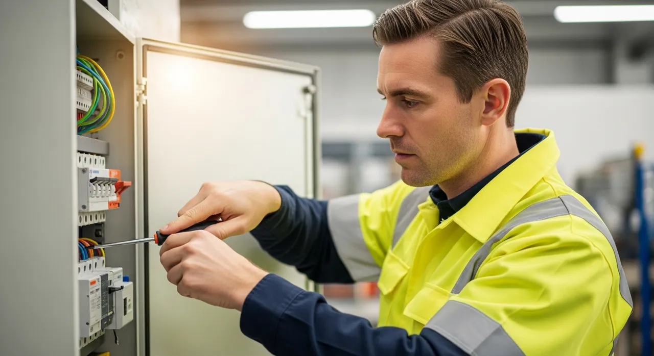 Electrician working on a circuit panel — RingWiz serves electricians