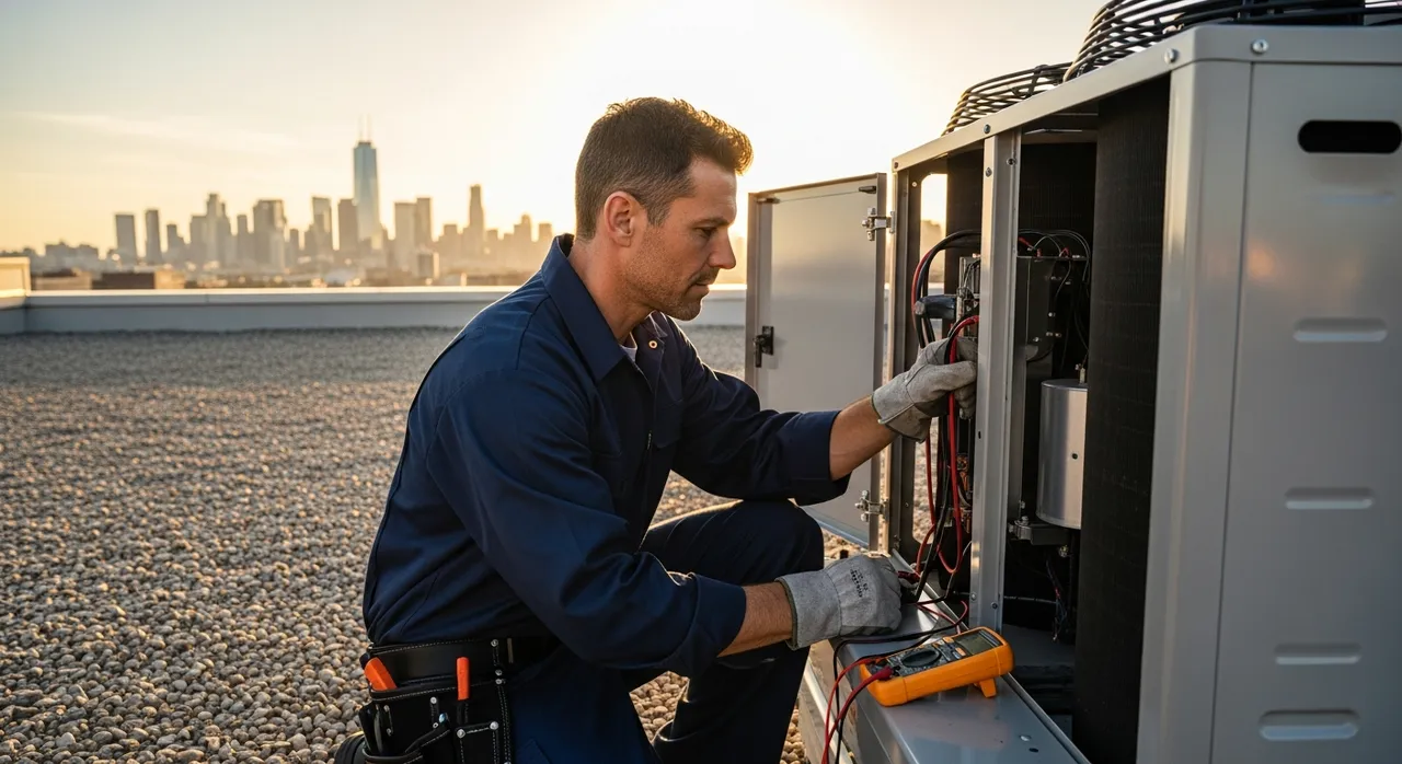 HVAC technician servicing air conditioning unit — RingWiz serves HVAC specialists