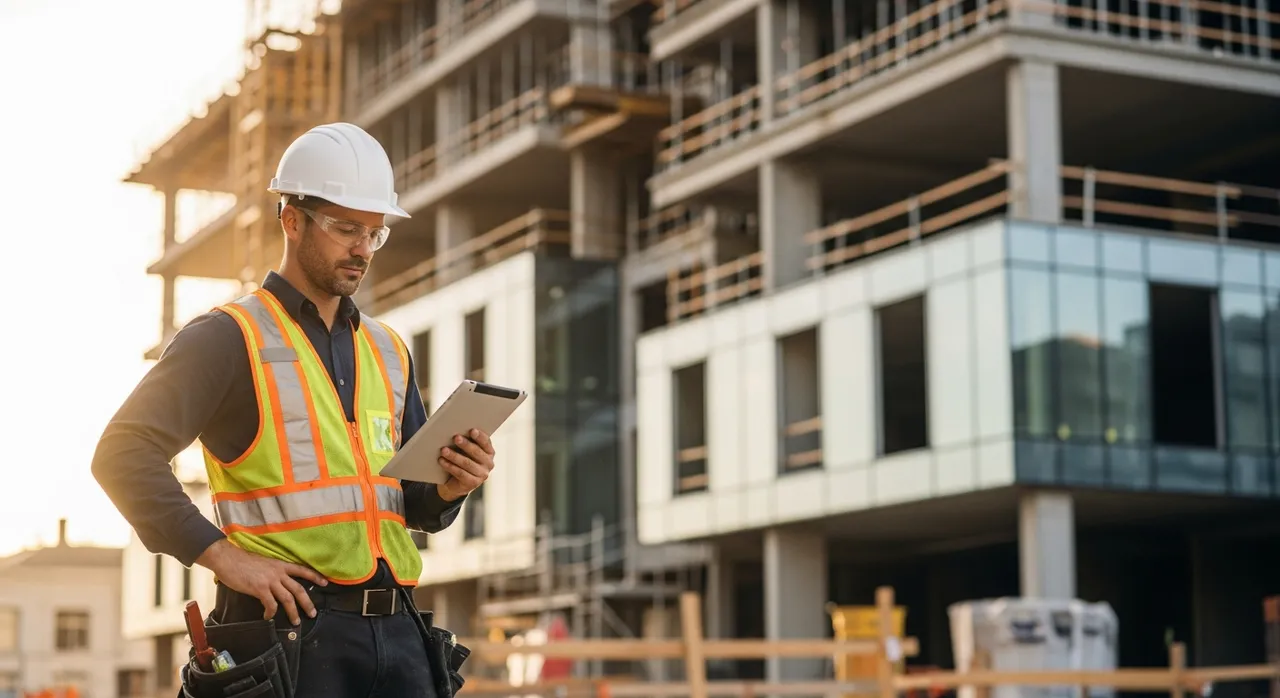 Trade professional reviewing plans on a job site — RingWiz serves all tradespeople